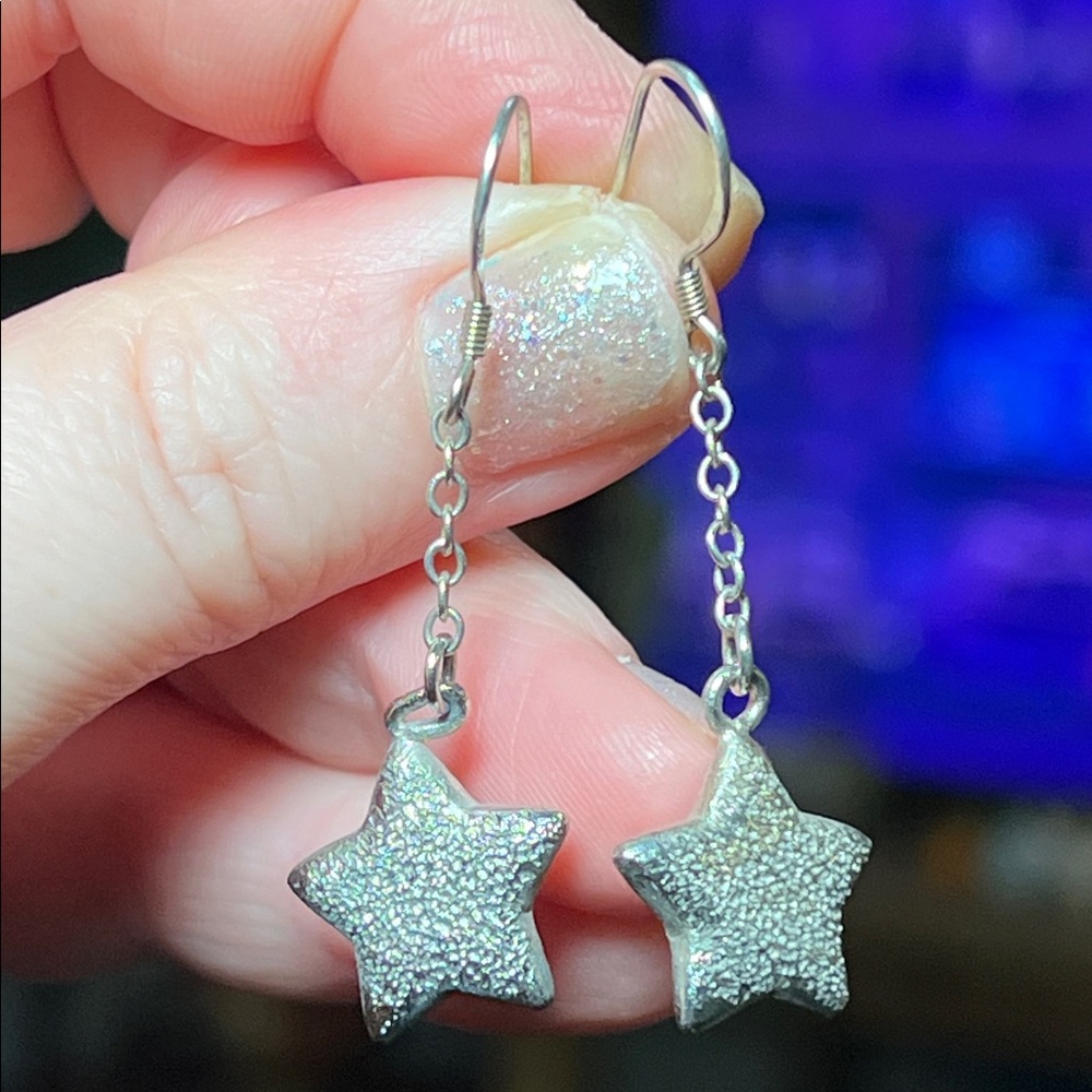 Vintage Celestial Sterling Silver Chain Star Drop Dangle Earrings